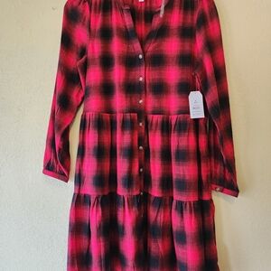 Girls Pink and Black Plaid Tiered Button-Front Dress